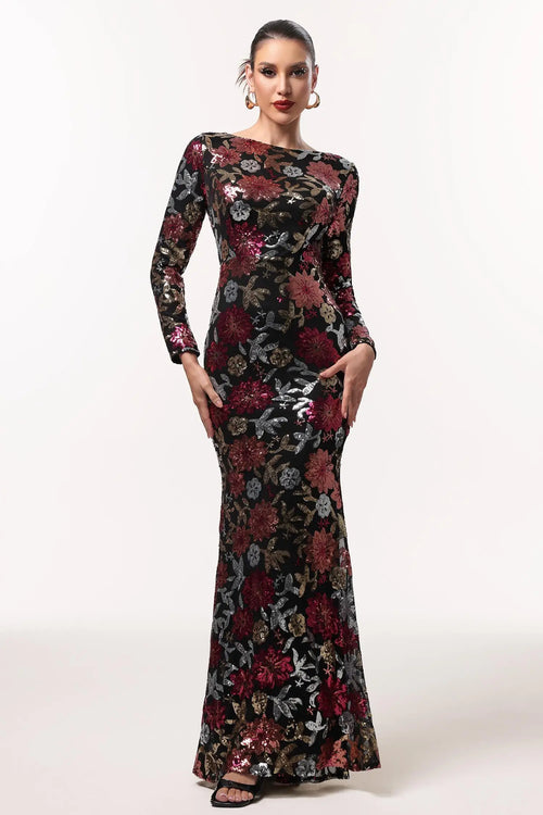 Women Chic IMaoma Elegant Lustrous Long Sleeve Floral Woven Maxi D Ladies Bodycon Occassion Birthday Cocktail Prom Party Dresses