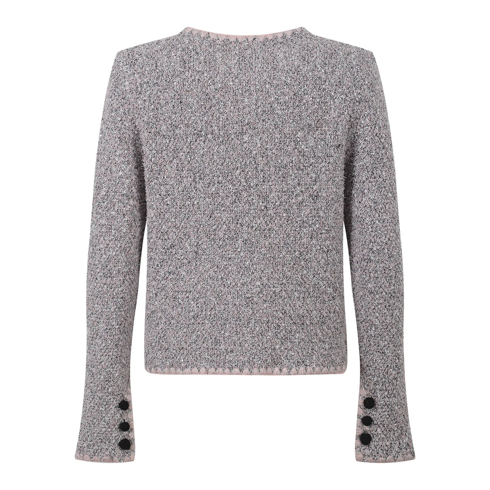Gray textured jacket with black buttons on a white background