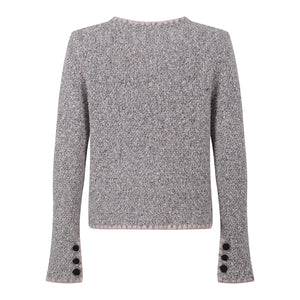 Gray textured sweater with black buttons on cuffs and hem against a white background