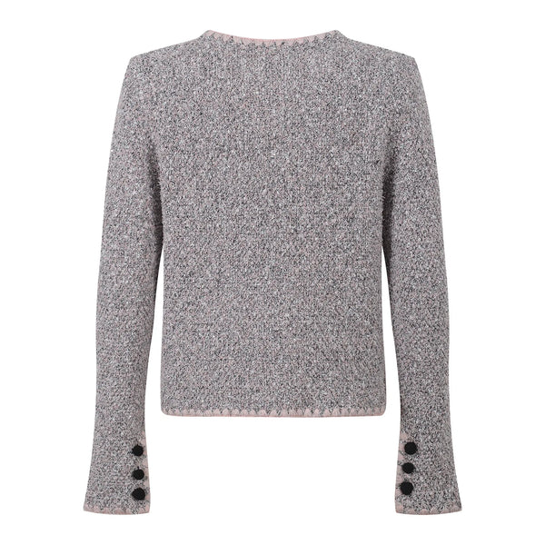 Gray textured sweater with black buttons on cuffs and hem against a white background