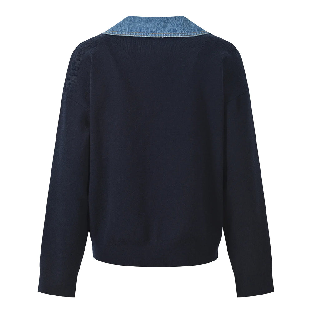 Denim Patchwork V-Neck Sweater – Navy Sweater – Winteres