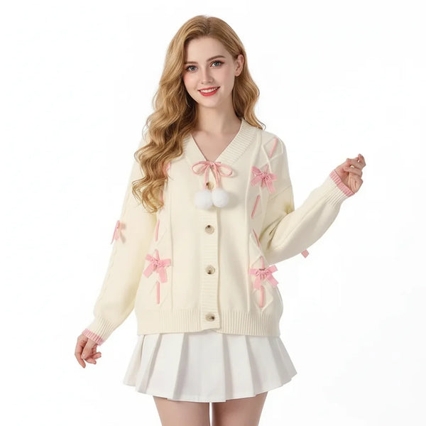 Pull tricoté personnalisé à faible MOQ pour femme, col en V, manches longues, grande taille, avec nœud papillon, épaules tombantes, boutonnage, gilet en tricot pour femme.