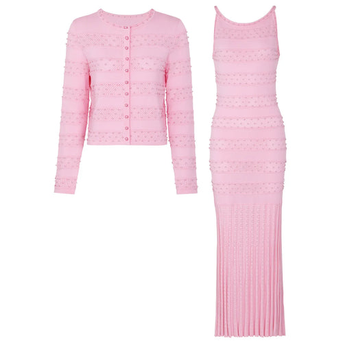 Pink long-sleeve cardigan and dress set on a white background