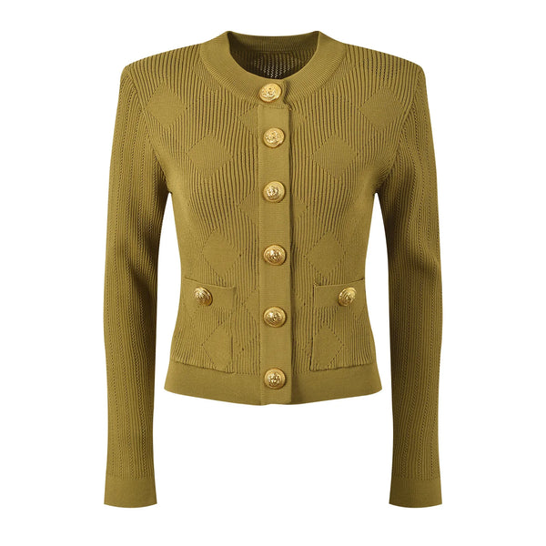 Green knitted jacket with gold buttons on a white background