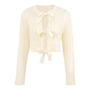 Cable Lace-Up Crew-Neck Knit Cardigan Winteres