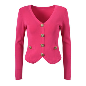 Pink cardigan with gold buttons on a white background