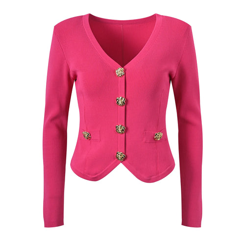 Pink cardigan with gold buttons on a white background