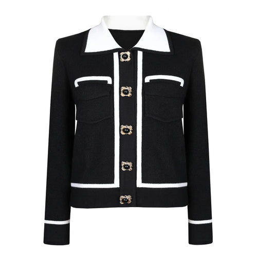 Black jacket with white collar and trim on a white background