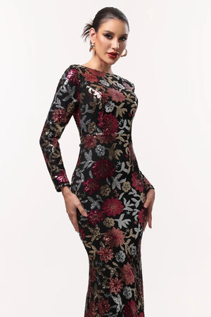 Women Chic IMaoma Elegant Lustrous Long Sleeve Floral Woven Maxi D Ladies Bodycon Occassion Birthday Cocktail Prom Party Dresses