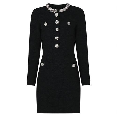 Black dress with decorative buttons and collar on a white background