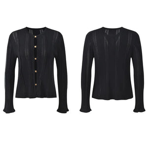 Black cardigan with gold buttons shown from front and back on a white background