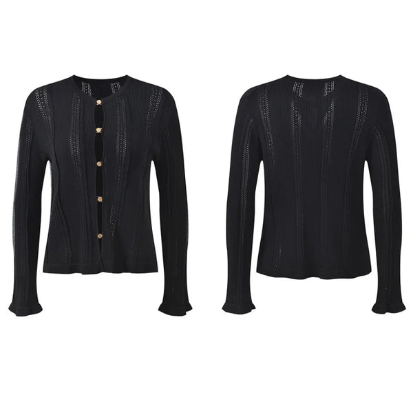 Black cardigan with gold buttons shown from front and back on a white background