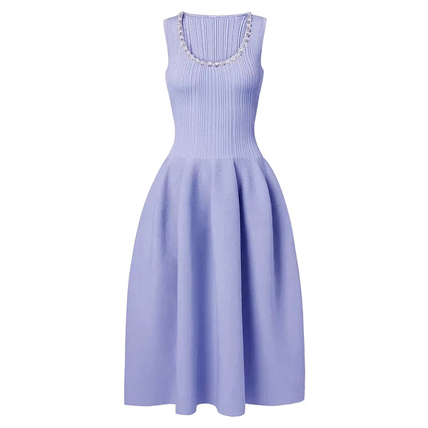 Popular Items Now 2025 French Women Summer Solid Rhinestone Trim O Neck Sleeveless Slim Women's Prom Dress – Winteres
