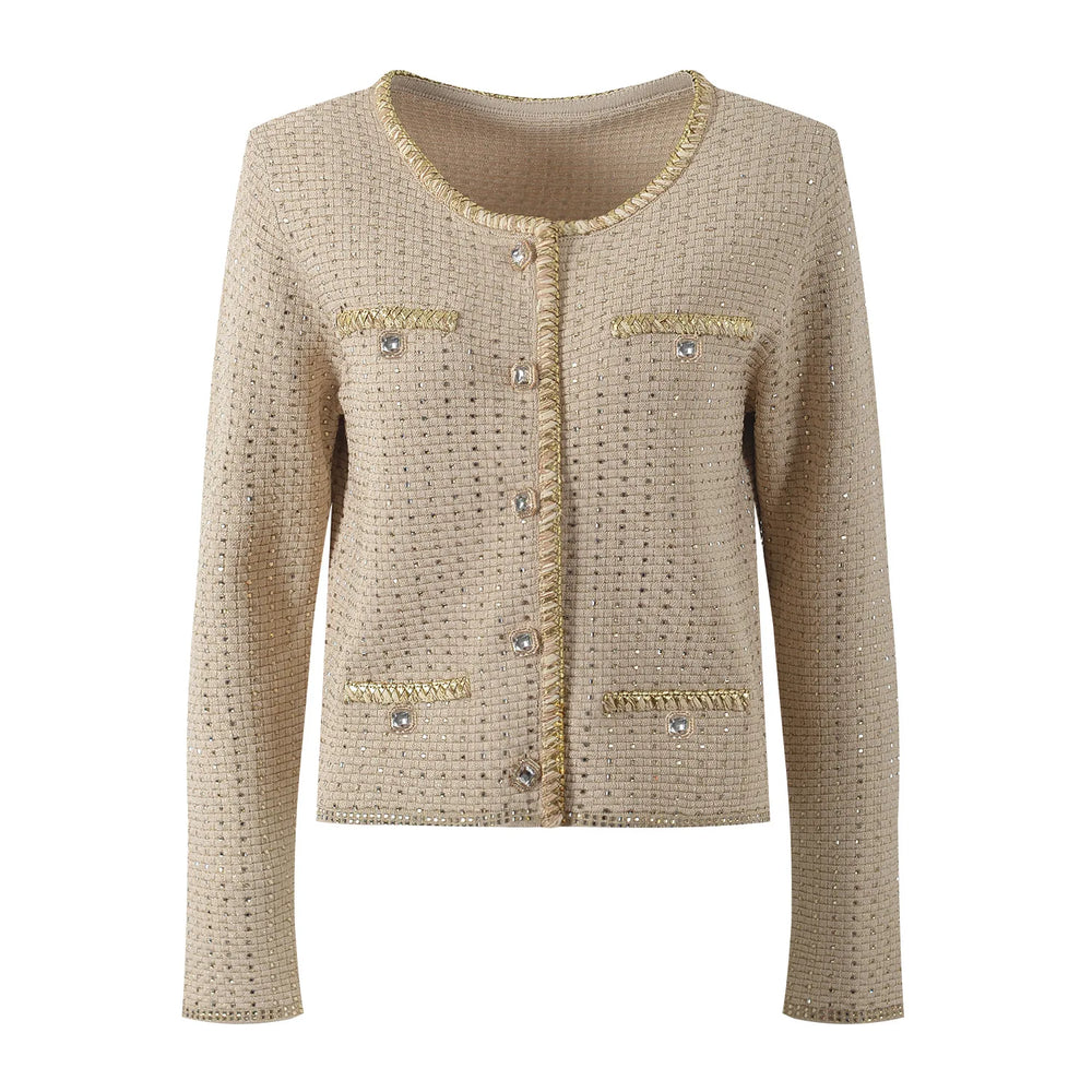 Beige textured jacket with decorative buttons on a white background