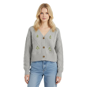 Embroidered V-Neck Knit Cardigan