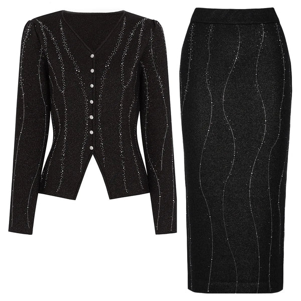 Black cardigan and skirt set with decorative buttons on a white background