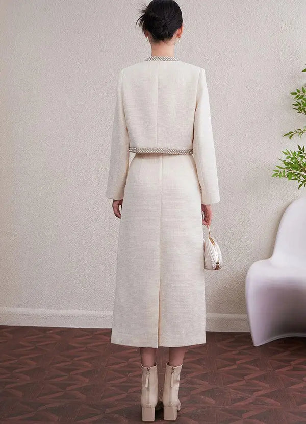 Delicate Perlage Femme Élégant Ensemble Costume Col V Manches Longues Manteau Jupe Midi Trapèze Femme Couleur Unie 2 pièces