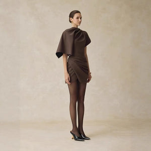 New Design Premium High Quality Solid Casual Women's Autumn Brown Woven Pleated Mini Dress with Shawl Collar Pencil Silhouette