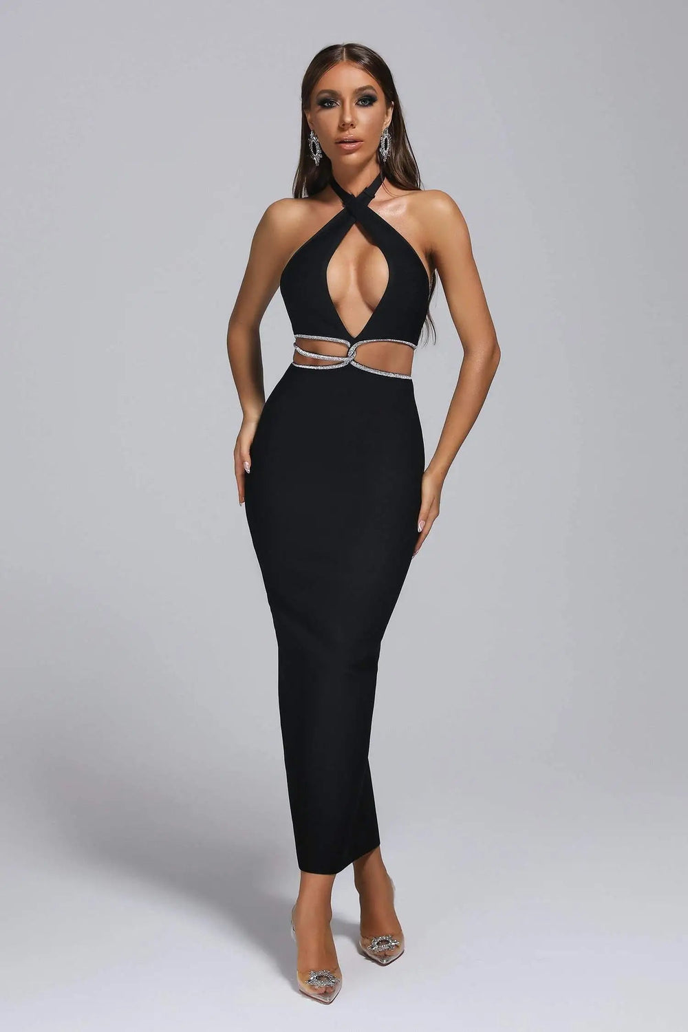 Wholesale Black Sexy Party Club Maxi Backless Bodycon Rhinestone Bandage Dresses for Women Winteres