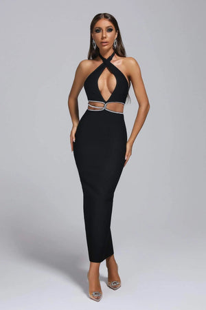 Wholesale Black Sexy Party Club Maxi Backless Bodycon Rhinestone Bandage Dresses for Women Winteres
