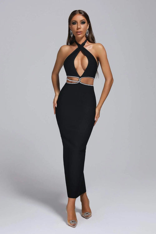 Wholesale Black Sexy Party Club Maxi Backless Bodycon Rhinestone Bandage Dresses for Women Winteres
