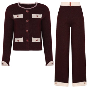 Brown cardigan and pants set with decorative buttons on a white background