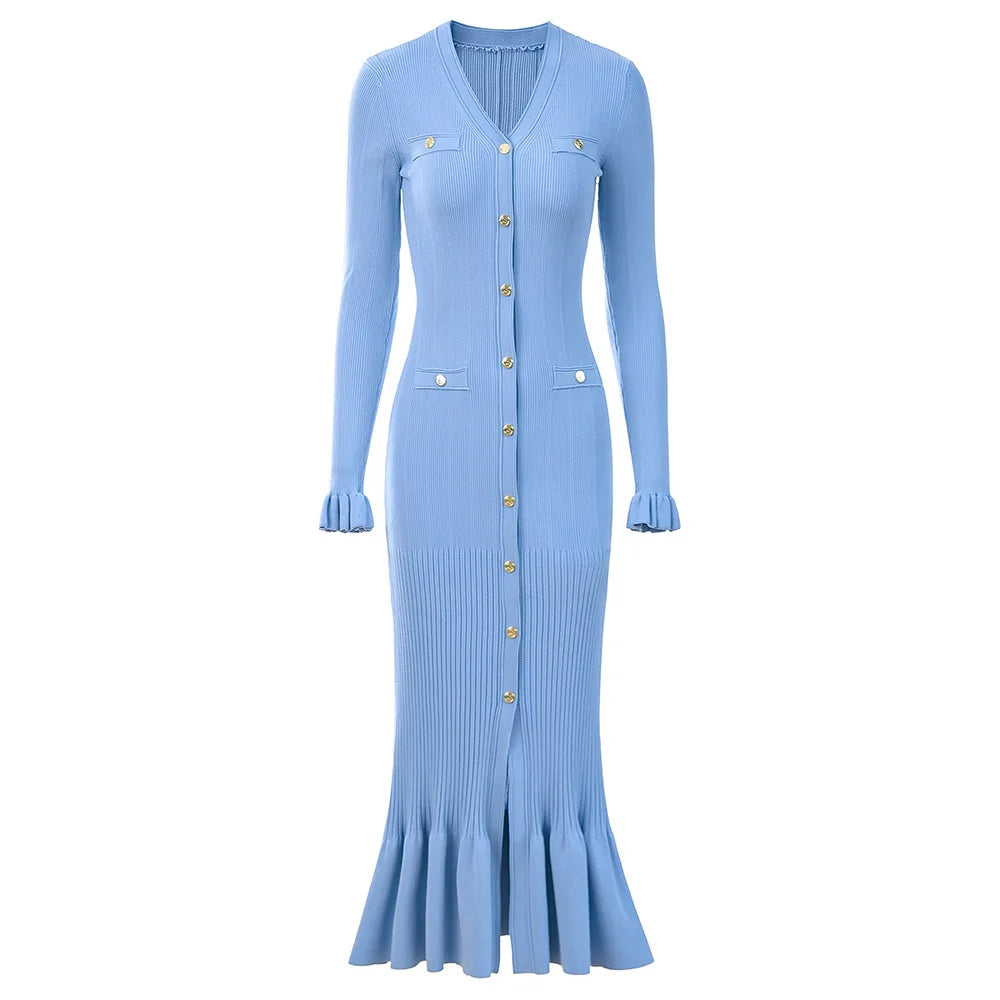 Light blue ribbed dress with buttons on a white background