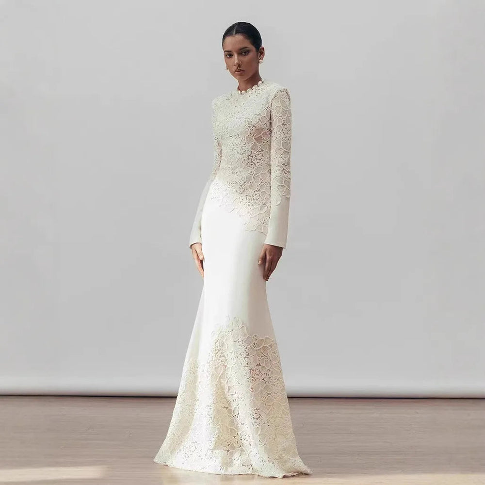 Fashion Luxury High Quality Vintage Elegant Hook Flower Fishtail White Dress 2024 Winter New Tight Banquet Evening Dress Winteres