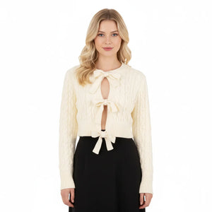 Cable Lace-Up Crew-Neck Knit Cardigan Winteres