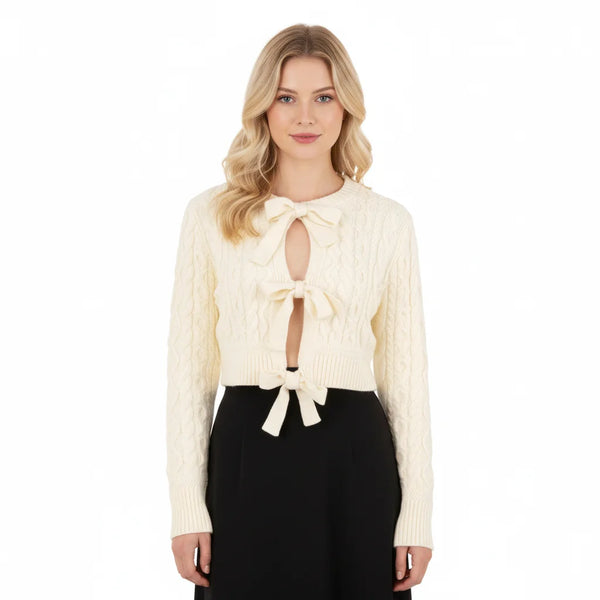 Cable Lace-Up Crew-Neck Knit Cardigan Winteres