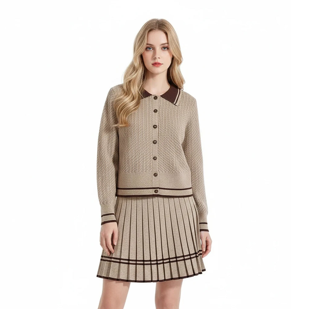 Polo-Neck Jacquard Preppy Knit & Skirt Set Winteres
