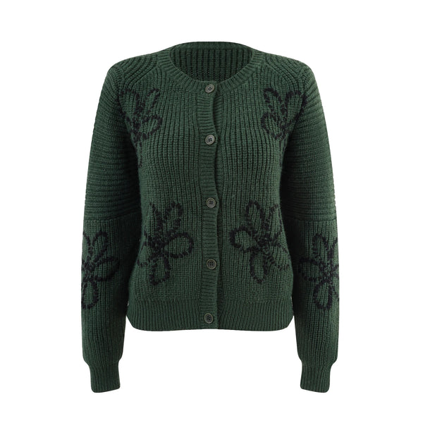 Intarsia Button Crew-Neck Knit Cardigan Winteres