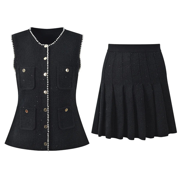 Beaded Knit Cardigan Skirt Set
