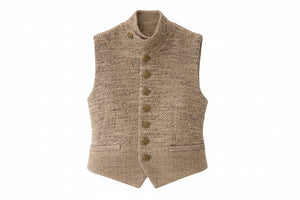 Brown textured vest with gold buttons on a hanger against a white background