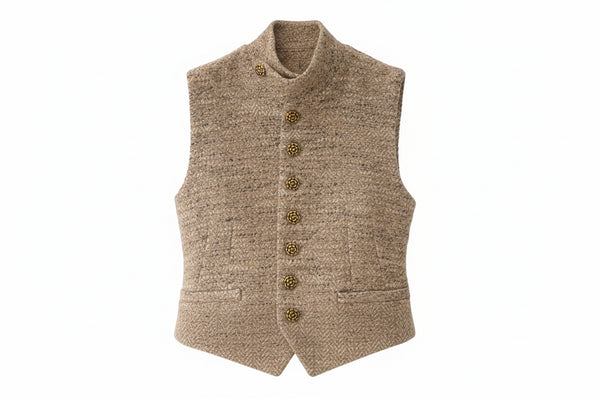 Brown textured vest with gold buttons on a hanger against a white background