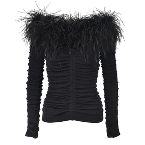 Black off-shoulder top with feathered trim on a white background