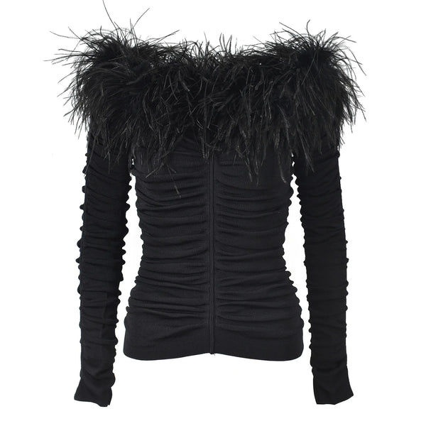 Black off-shoulder top with feathered trim on a white background