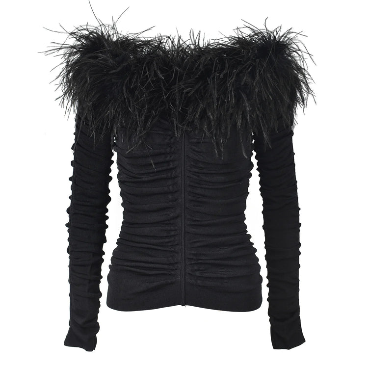 Feather Trim Boat Neck Sweater Winteres