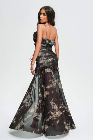 Bella Barnett Oem Custom Women Sexy Mesh Print Long Mesh Maxi Dress Ladies Elegant Winteres