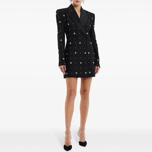 Luxury Oem Clothing Manufacturer Beaded Rhinestone Black Suit Short Dress Formal Wear Women Elegant Ladies blazer Jacket Dress Winteres