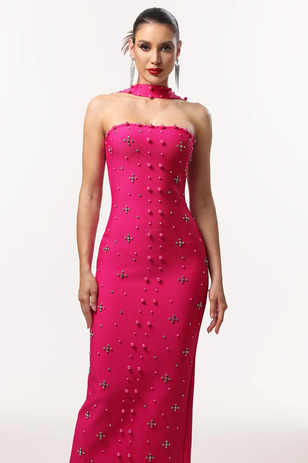 Women Chic INesya Sleeveless Pearl Bandage Rose Pink Maxi Dress Ladies Bodycon Occassion Birthday Cocktail Prom Party Dresses