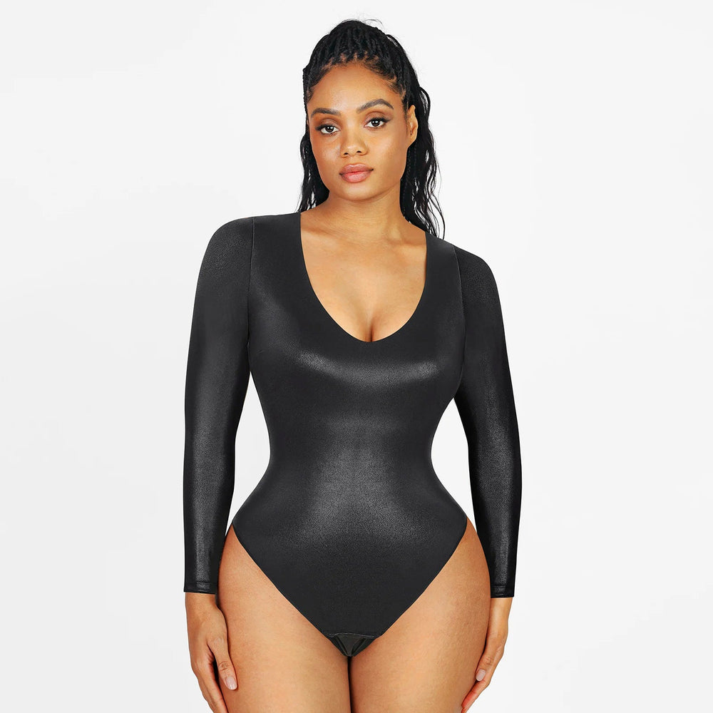 Slimming V-Neck Thong Bodysuit – Long Sleeve, High Elastic Winteres