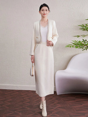 Delicate Perlage Femme Élégant Ensemble Costume Col V Manches Longues Manteau Jupe Midi Trapèze Femme Couleur Unie 2 pièces