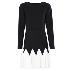 Fabricant de robes sur mesure : Nouvelle robe en maille contrastante noire et blanche 2025, jupe plissée ondulée, taille ajustée, jupe trapèze ajustée