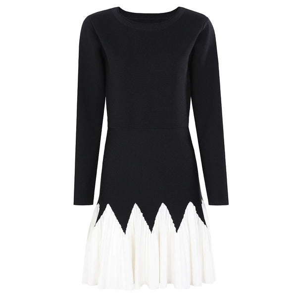 Fabricant de robes sur mesure : Nouvelle robe en maille contrastante noire et blanche 2025, jupe plissée ondulée, taille ajustée, jupe trapèze ajustée