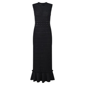 Black dress with ruffled hem on a white background