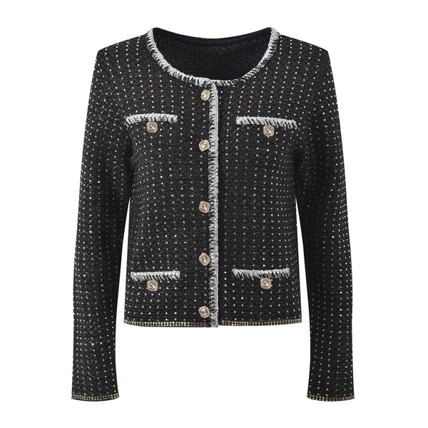 Black textured jacket with button details on a white background