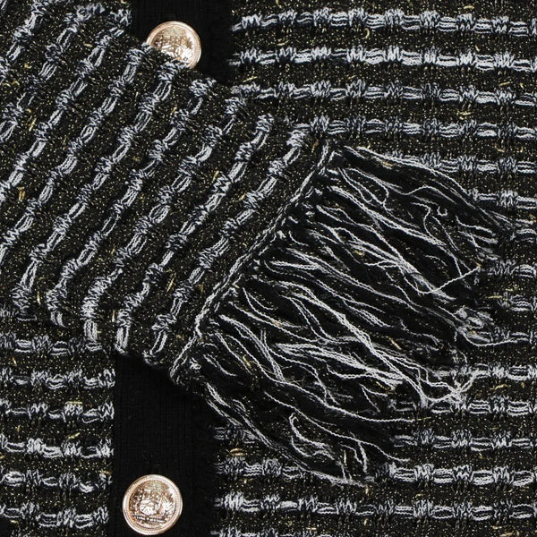Close-up of a textured black fabric with intricate patterns and a button.