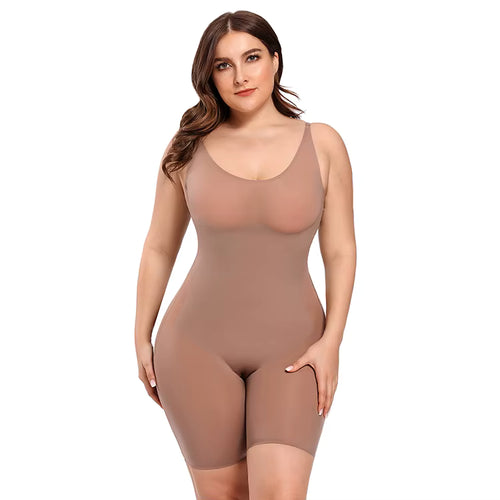 Woman wearing a brown bodysuit on a white background