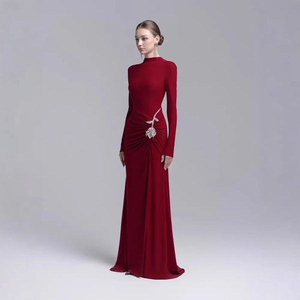 Wholesale New High Neck Long Sleeve Regular Fit Floor-Length Casual Sequined Solid Dress XL in elegant red color.